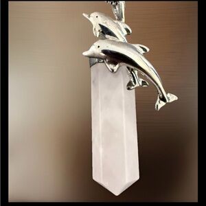 Dolphin Necklace Rose Quartz Sterling Silver Pendant Necklace Healing Stone VTG
